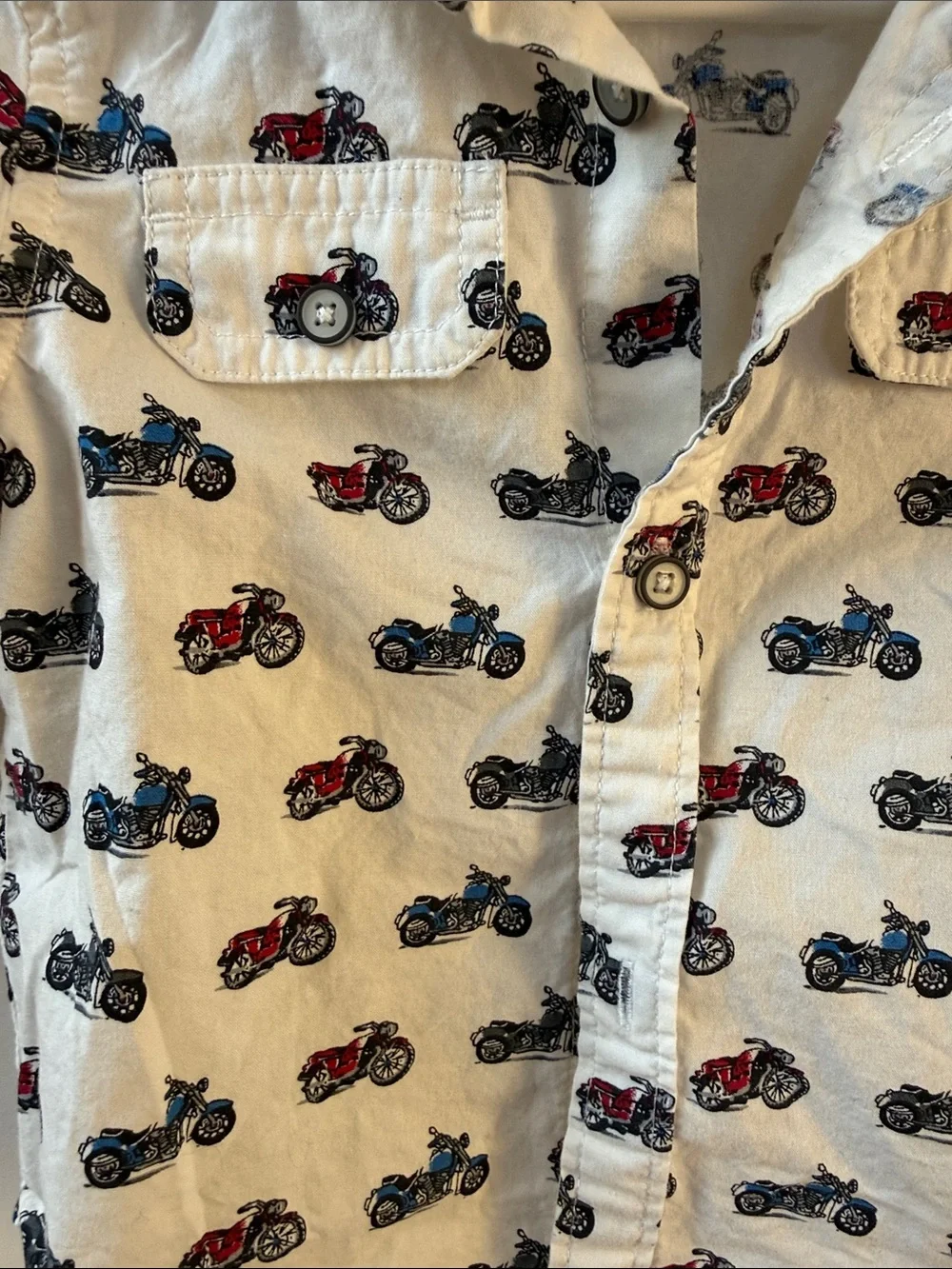 The Children's Place White Button-Down Shirt with Red & Blue Motorcycle Print
